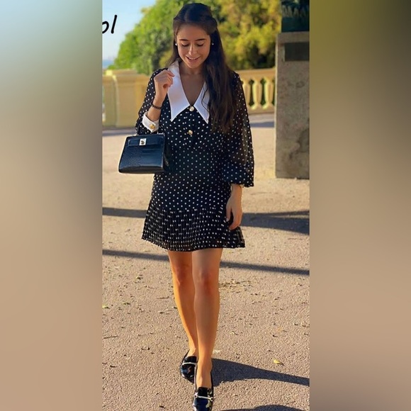 ZARA bloggers favourite Poka Dot Mini Dress With Gold Button black white - Picture 7 of 15